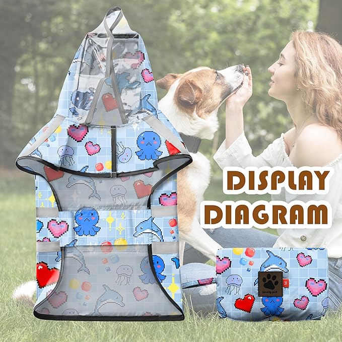 Dog Raincoat, Adjustable Rain Jacket with Hooded Double Layer for Large Medium Small Dogs Puppies, Lightweight Waterproof Rain Coat Poncho with Reflective Stripe Ocean Dolphin Blue,L