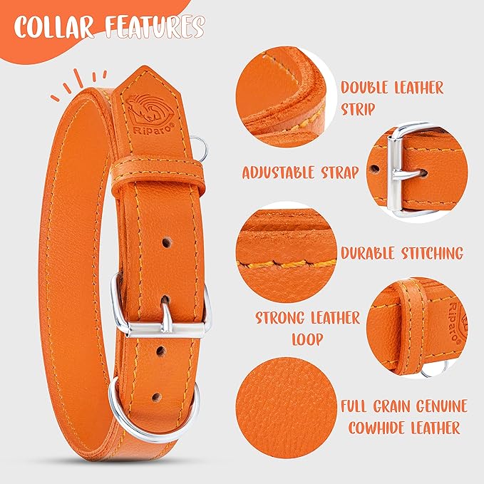 Riparo Dog Collar - Genuine Leather Dog Collars - Adjustable Dog Collars - Heavy Duty Hardware for Medium Large and Extra Large Dog Breeds (XXL, Orange)
