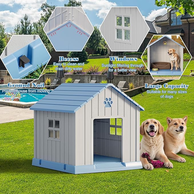 Dog House Outdoor Indoor - Waterproof, Ventilated, Easy to Clean, Elevated Floor for Small-Large Dogs, Easy to Assemble (Blue, 31" L x 33.3" W x 33.5" H)