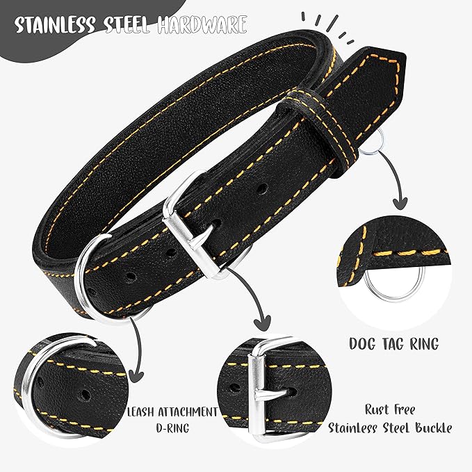 Riparo Dog Collar - Genuine Leather Dog Collars - Heavy Duty Dog Collar for Medium Large and Extra Large Dog Breeds (XXL: 1.75” Wide for 26” - 31” Neck, Black/Orange Thread)