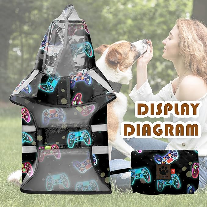 Dog Raincoat, Adjustable Rain Jacket with Hooded Double Layer for Large Medium Small Dogs Puppies, Lightweight Waterproof Rain Coat Poncho with Reflective Stripe Game Controller Black,XXL