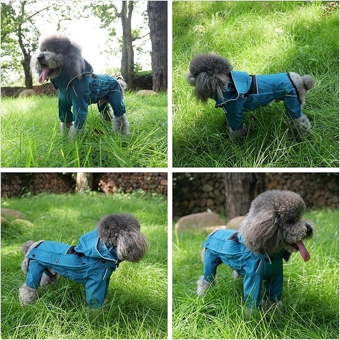LOVELONGLONG Waterproof Dog Raincoat with Removable Hood – Outdoor Full Body Dog Jacket, Windproof Snowproof Shell Suit – All Season Pet Rain Gear Ocean Teal XXS