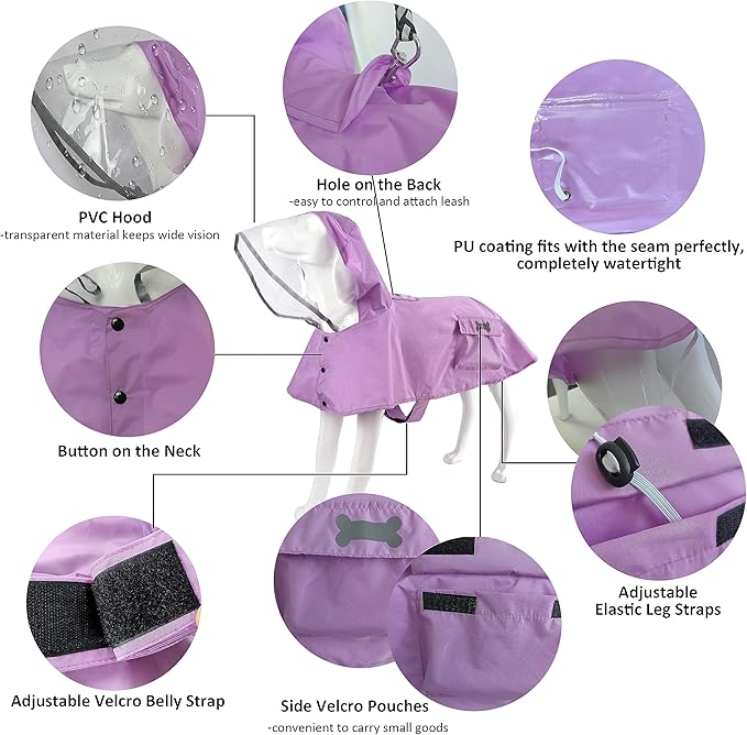 Waterproof Dog Raincoat, Adjustable Reflective Lightweight Pet Rain Clothes with Poncho Hood(X-Large, Light Purple)
