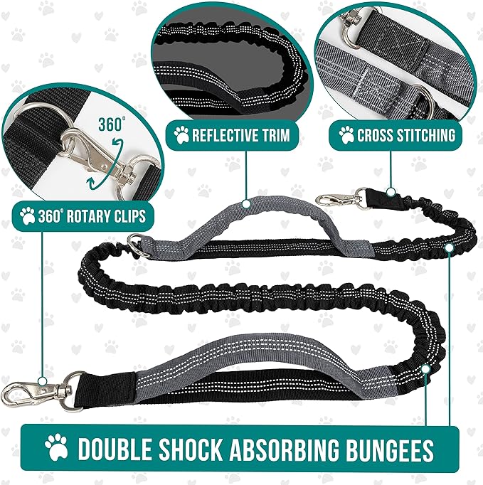 PetAmi Hands Free Dog Leash, Dog Running Leash Belt Bag for Walking, Jogging, Dog Waist Double Zipper Pouch with Poop Bag Dispenser, Dual Padded Handles Reflective Bungee Leash, Single (Black)