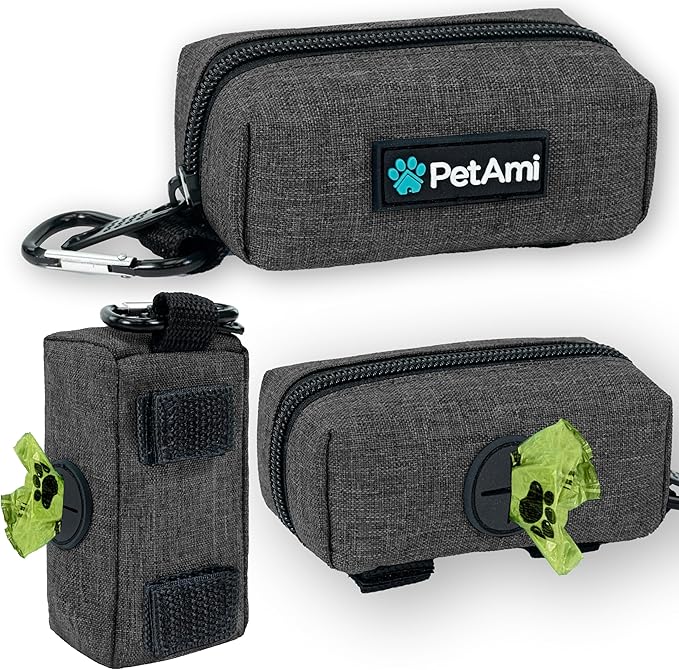 PetAmi Dog Poop Bag Holder for Leash Doggie Waste Bag Dispenser with Clip & Velcro Belt for Puppy Potty Walking Accessories Travel Camping Pet Supplies Zipper Pouch with Trash Bag Roll, Gray 1 Pack