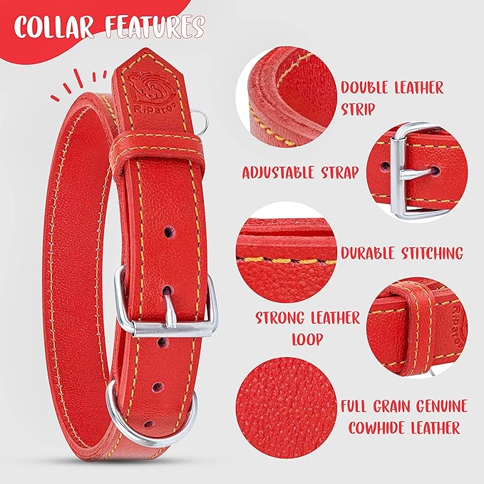 Riparo Dog Collar - Genuine Leather Dog Collars - Heavy Duty Dog Collars for Medium Large and Extra Large Dog Breeds (XXL: 1.75” Wide for 26” - 31” Neck, Red)