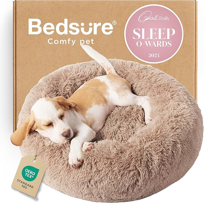 Bedsure Calming Dog Bed for Small Dogs - Donut Washable Small Puppy Bed, 23 inches Anti-Slip Round Fluffy Plush Faux Fur Large Cat Bed, Fits up to 25 lbs Pets, Camel