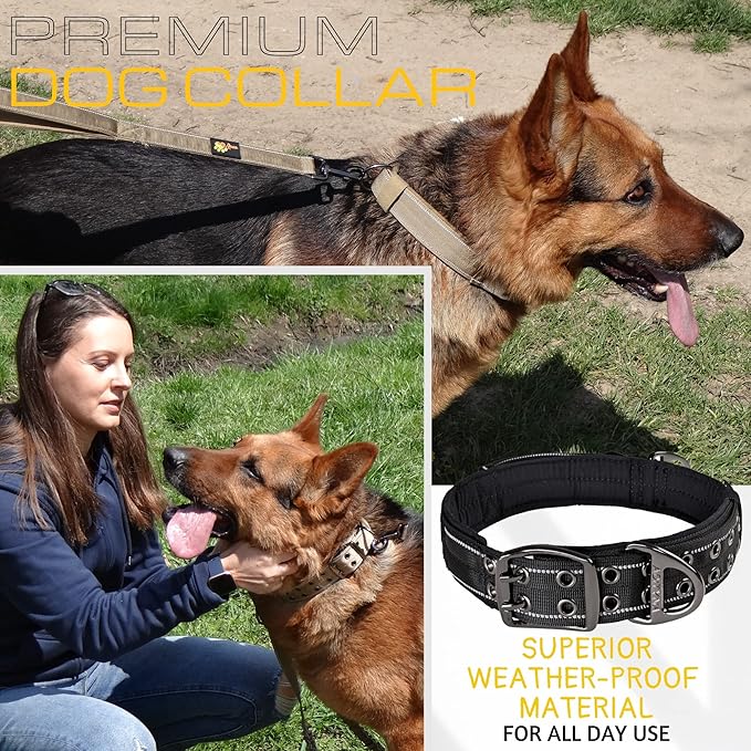 ADITYNA Heavy Duty Dog Collar for Medium Dogs - Reflective Black Collar with Handle for Training, and Walking - Wide, Thick, Tactical, Soft Neoprene Padded