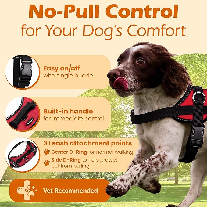 Bark Appeal Red No-Pull Dog Harness for Extra Large Sized Pets – Adjustable, Reflective Vest with 3 Leash Clips for Added Control, Easy Walks & Training – XXL