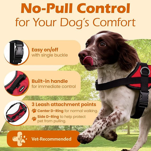 Bark Appeal Red No-Pull Dog Harness for XS to Small Sized Pets – Adjustable, Reflective Vest with 3 Leash Clips for Added Control, Easy Walks & Training – Small