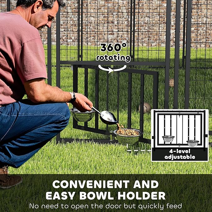 PawHut 10' x 10' x 6.8' Outdoor Dog Kennel, Welded Wire Dog Kennel Outside Run with 360° Rotating & 4 Level Adjustable Bowls, Waterproof & UV Resistant Cover, for S&M&L Breeds, Chickens, Ducks, Silver