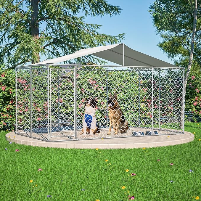 Outdoor Dog Enclosure,Heavy Duty Dog Kennel House Mesh Outside,Galvanized Chain Link Dog Run with Roof,Dog Cage Large Dogs,Dog Pen,Pet Kennel W/Waterproof Anti-UV Cover&Secure Lock for Large Dog
