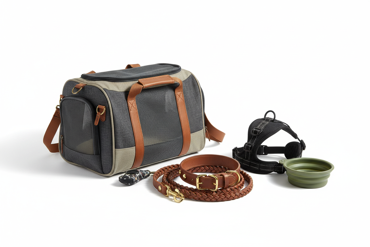 Accessories & Travel Gear: From collars and leashes to carriers, we make every adventure safe and stylish. (make it real photo)