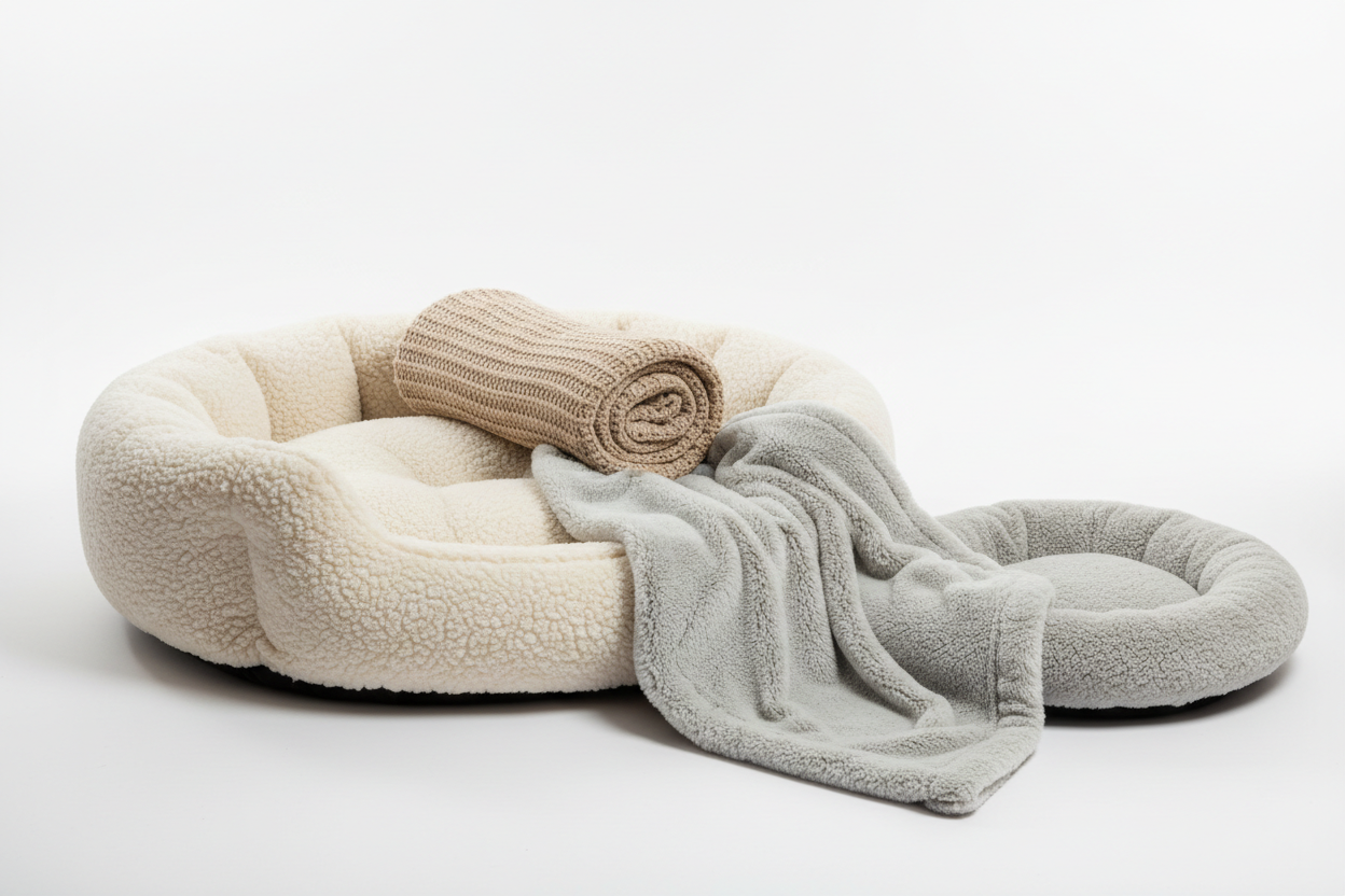 Cozy Beds & Blankets: Soft, durable, and perfect for pets to relax and sleep comfortably. (make it real photo)