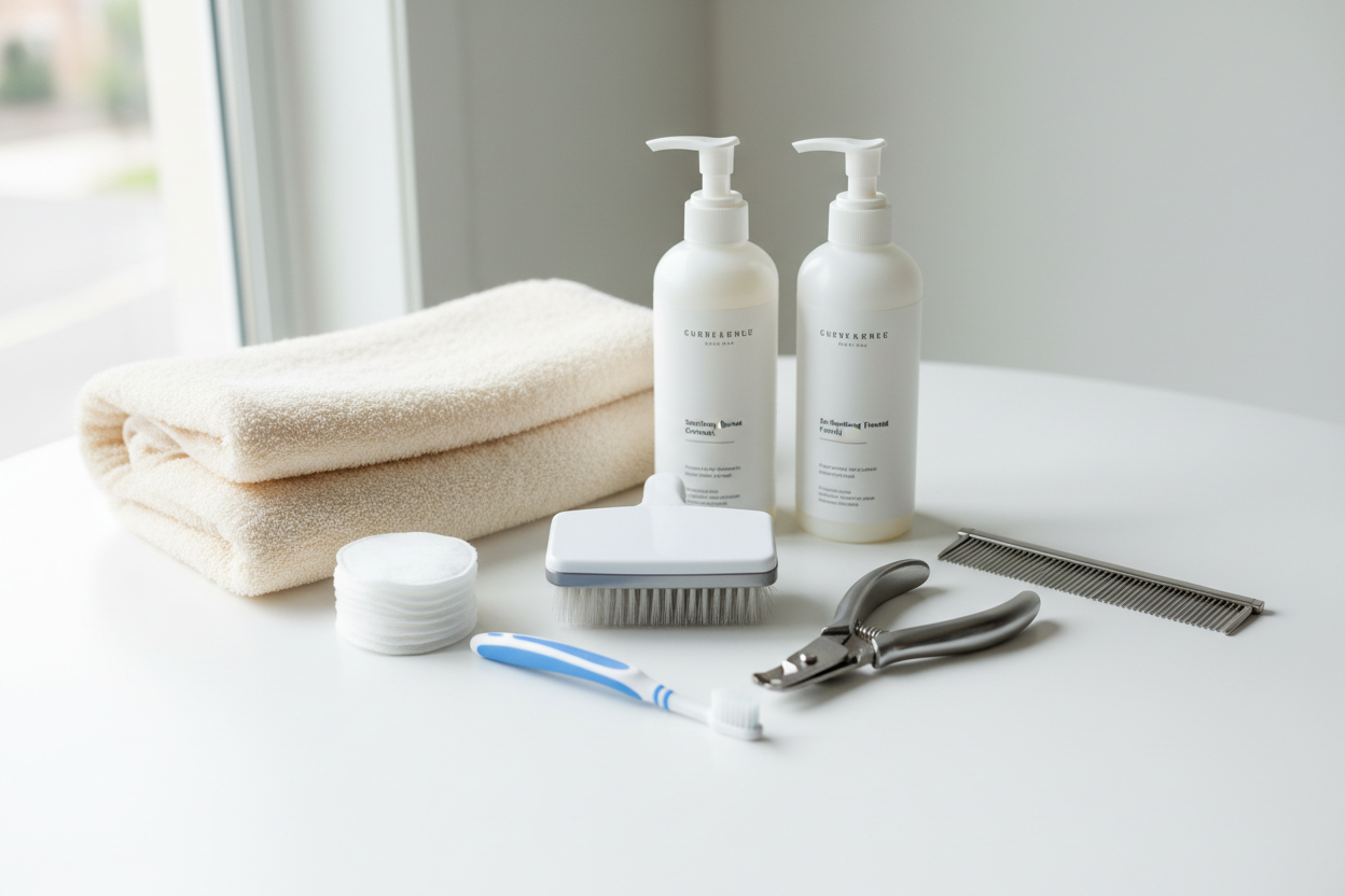 Grooming & Care: Essential tools and products to keep pets clean, happy, and healthy. (make it real photo)